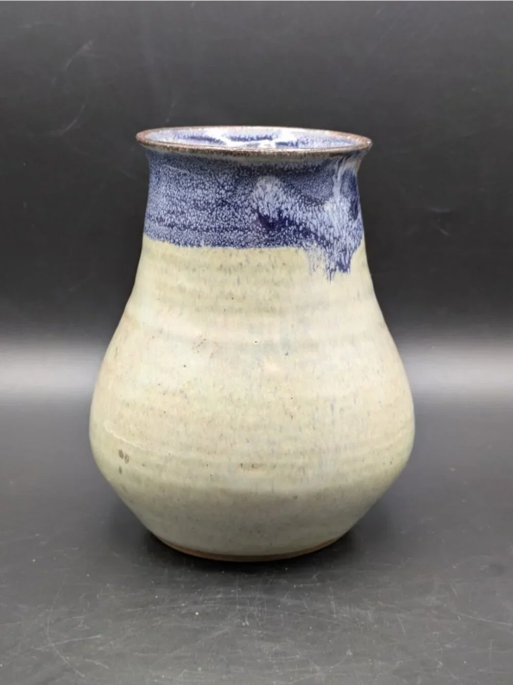 Studio Art Pottery Vase Wide Bottom Blue Glaze Stripe Artist Signed 6.25
